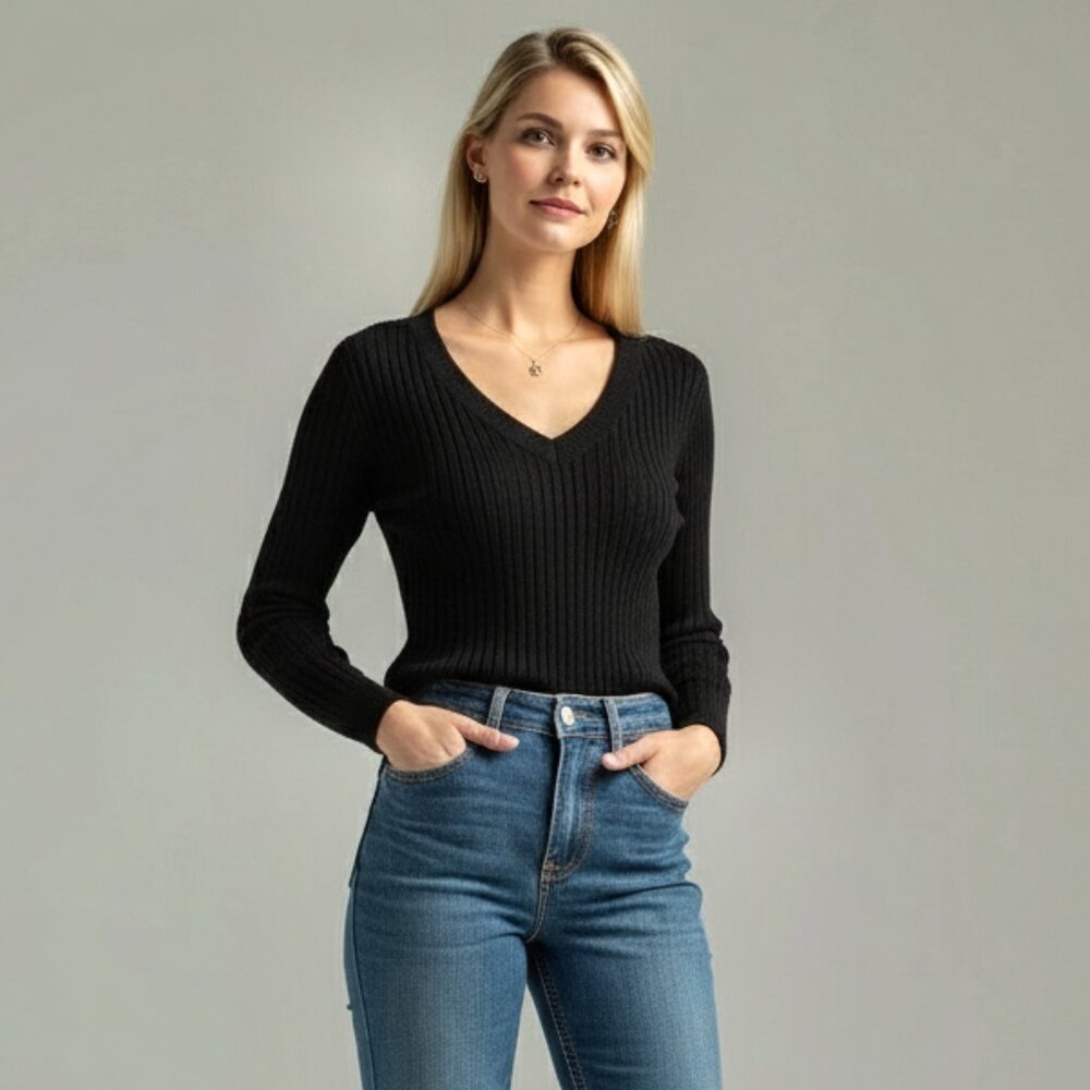 Autumn Cashmere Ribbed V-Neck Sweater - Distressed Sleeves, Black Womens Size XS